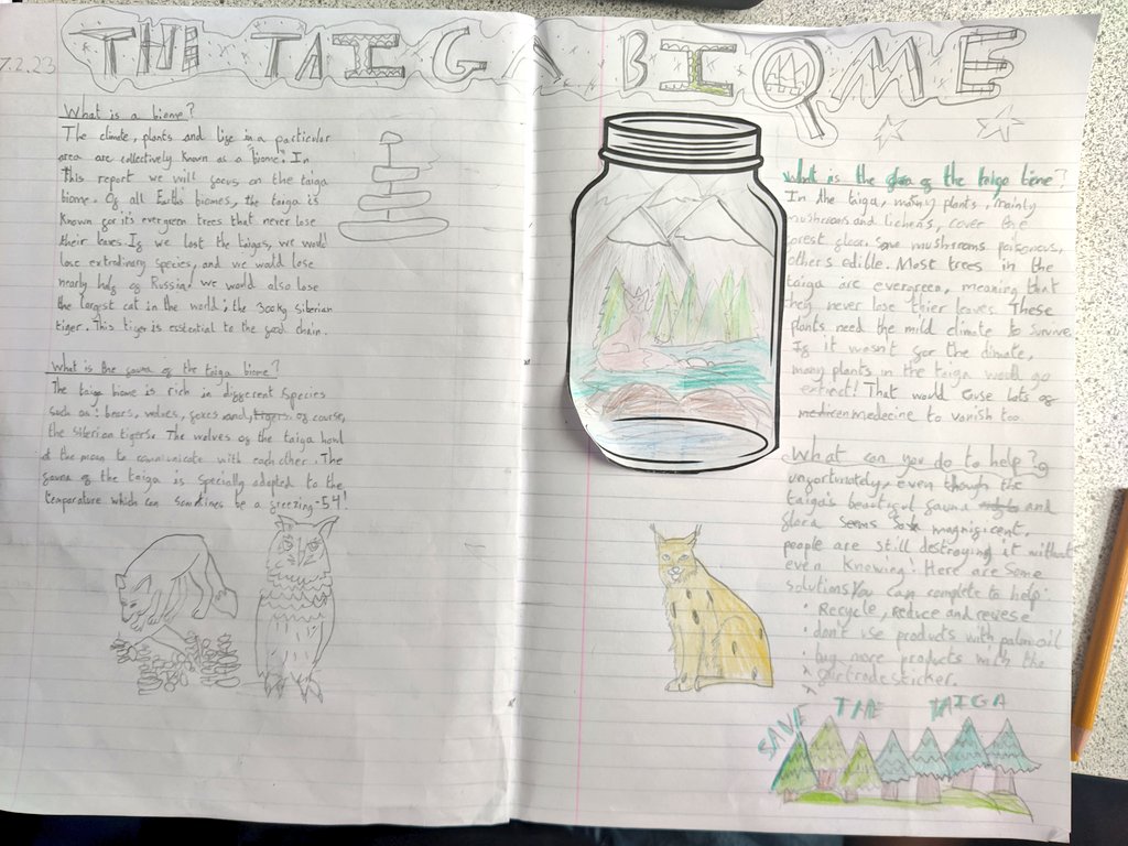 AHTMrsD's tweet photo. Year 5 really enjoy presenting their learning as a double page spread. In less than a week they've published their final reports. We let them choose the biome they wanted to write about and as you can see, they really rose to the challenge! #WritingCommunity #KS2Writing https://t.co/FZK8HSkIOU