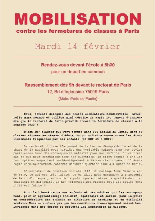 Contre les fermetures de classes, à Paris … comme ailleurs !
