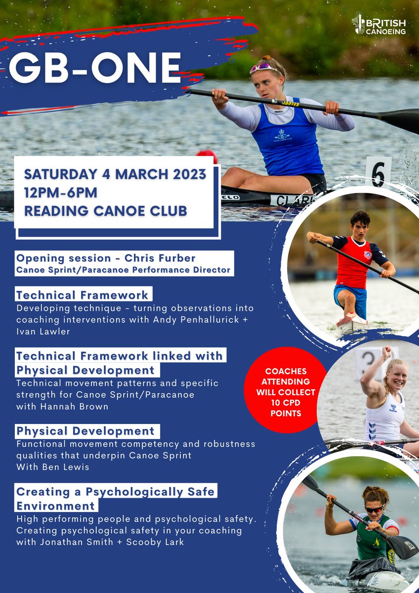 On 4th March the inaugural GB - One event will be held at <a href="/Reading_CC/">Reading Canoe Club</a> 🙌 We look forward to welcoming as many coaches as possible to share knowledge and experiences of flatwater racing.

To sign up, please complete our form here 👉 orlo.uk/iowhS