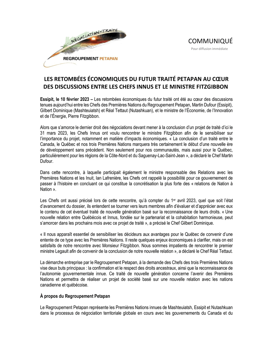 SEIZE03_fil's tweet photo. Communiqué : Les retombées économiques du futur traité Petapan au cœur des discussions entre les Chefs Innus et le ministre Fitzgibbon

#RegroupementPetapan #polqc #Traité #Innus #premièresnations #autochtones #économie #discussions #négociations #Autochtones https://t.co/KYQnxFYoRN