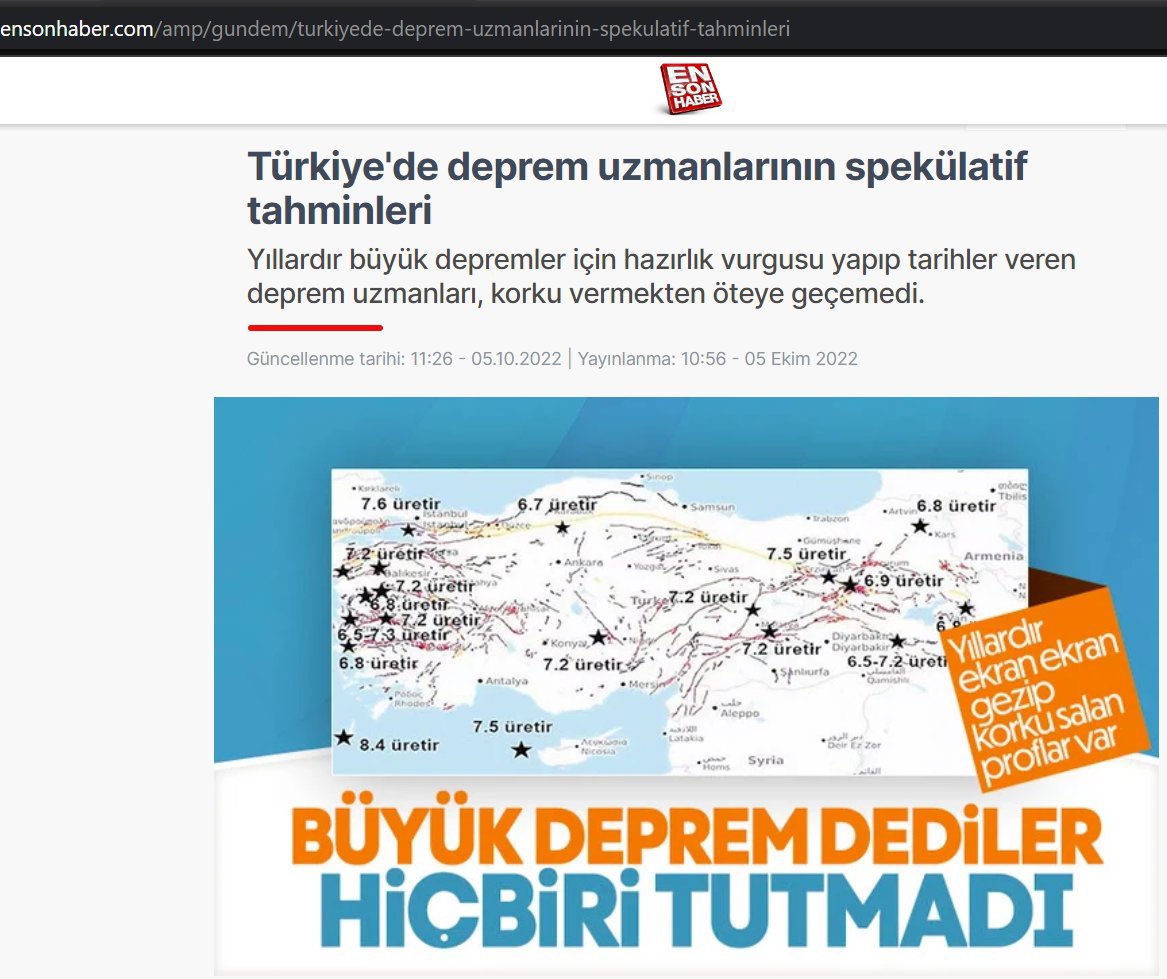 Haber's tweet photo. İktidar yanlısı yayınlarıyla bilinen ensonhaber adlı haber sitesinin 5 Ekim 2022’de yayınladığı haberde “deprem” uyarısı yapan bilim insanlarıyla dalga geçtiği ortaya çıktı. https://t.co/nFxb8jZ2i6