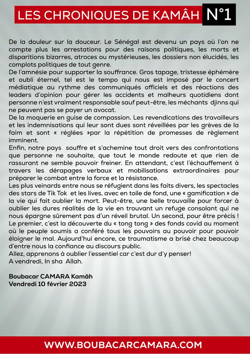Boubacarcamou's tweet photo. Cher réseau, 
je vous partage le premier numero (N°1) de notre série de Chroniques, intitulées : Les Chroniques de Kamâh N°1.
#Kamah #Boubacarcamara #Senegal #politique #Visionpolitique #Africa #jengutabax #changement_de_cap https://t.co/DBhhEvMmQC