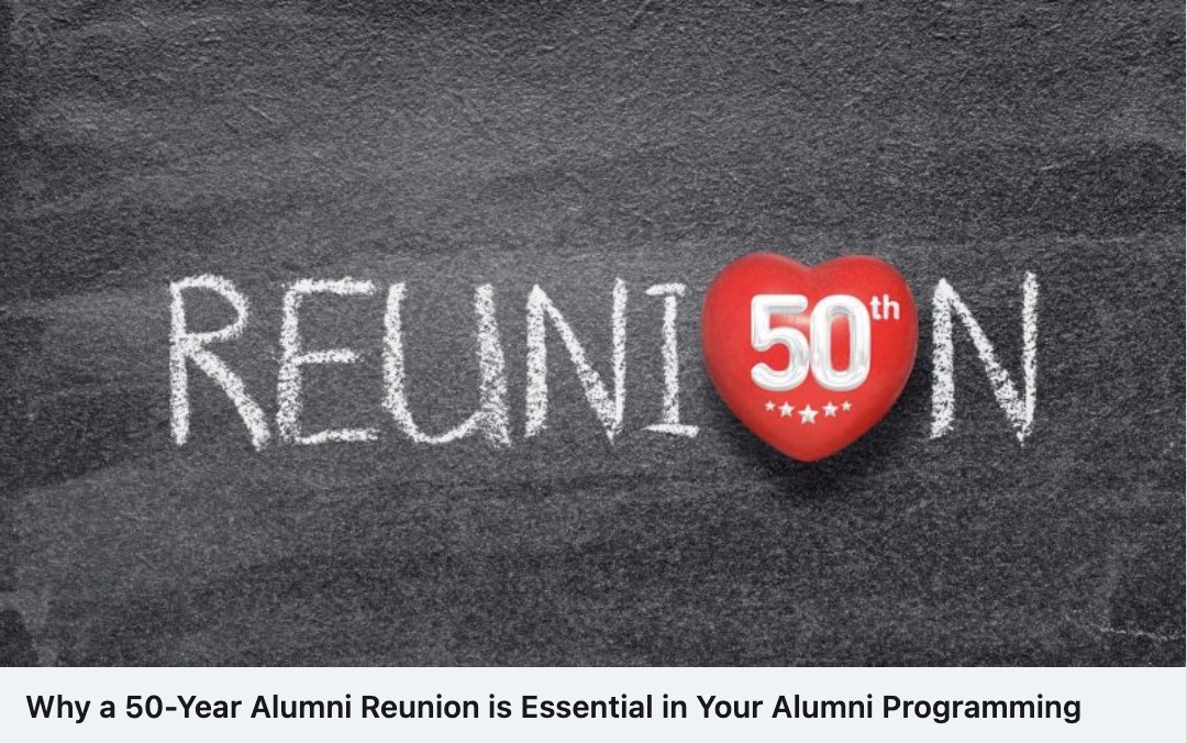 BrightCrowd's tweet photo. There are many benefits to recognizing a 50th #reunion class and the impact is even greater when you offer a digital complement to the celebration. Learn more: https://t.co/lD23OL07Pb #alumni #highered #hesm #fundraising https://t.co/L0bnaMfXYl