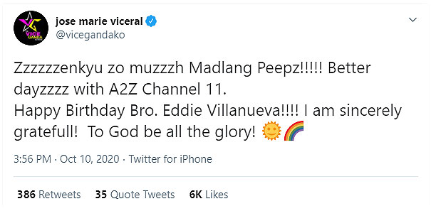 leyah05's tweet photo. Lastly, when he was questioned why he let Vice Ganda appeared on his network. 
He answered it with love and compassion.

Even without SOGIE BILL, it is everyone's responsibility to defend anyone being bullied, abused or discriminated. https://t.co/du4DNmBshl