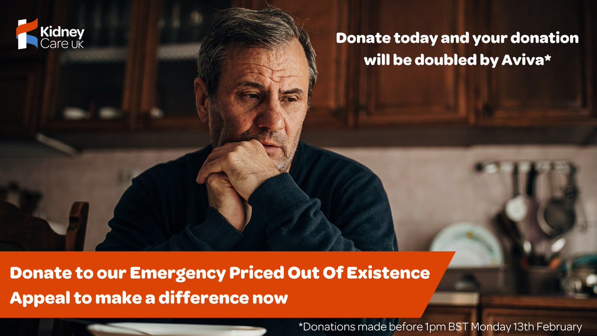 kidneycareuk's tweet photo. ⚠️ 8 out of 10 #KidneyPatients say that the #CostofLivingCrisis is putting their health at risk.  If you're in a position to donate to our #EmergencyPricedOutofExistence appeal, please click the link &amp; Aviva will double your donation (just 3 days left!) https://t.co/i9yUIXTGGT https://t.co/ycmlE86Lba