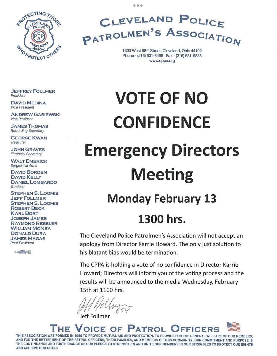 RosiePalfy's tweet image. The Cleveland Police Patrolmen&apos;s Association will hold a no confidence vote on Safety Director Karrie Howard during an emergency directors meeting on Monday, Feb. 13. It’s in response to Howard’s comments about #Irish🇮🇪 #police🚔 officers that #CPPA says shows “blatant bias.”
