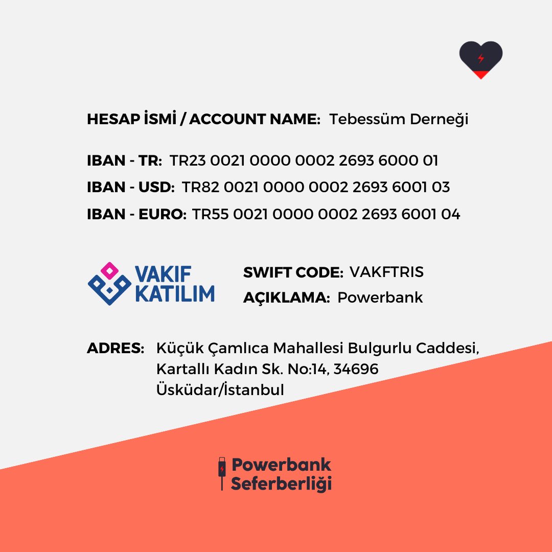 Powerbank Seferberliği (@pbseferberlik) on Twitter photo Deprem bölgelerindeki elektrik sıkıntısını biraz da olsa giderebilmek adına <a href="/TebessumDernegi/">Tebessüm Derneği</a> ile bir seferberlik başlattık. Siz de bu seferberliğe katılmak isterseniz nakdi bağış yapabilir (1 powerbank 200TL) veya da elinizdeki powerbankleri Tebessüm Derneği’ne ulaştırabilirsiniz Deprem bölgelerindeki elektrik sıkıntısını biraz da olsa giderebilmek adına <a href="/TebessumDernegi/">Tebessüm Derneği</a> ile bir seferberlik başlattık. Siz de bu seferberliğe katılmak isterseniz nakdi bağış yapabilir (1 powerbank 200TL) veya da elinizdeki powerbankleri Tebessüm Derneği’ne ulaştırabilirsiniz