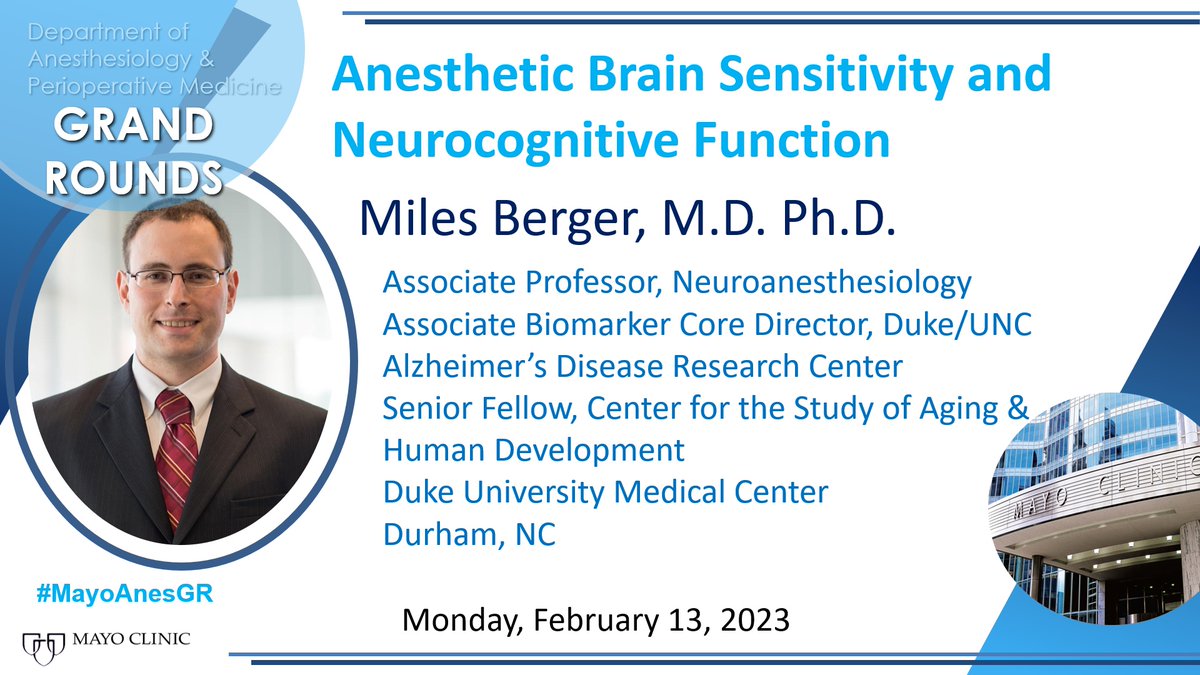 Mayo Clinic Department of Anesthesiology (@mayoanesthesia) on Twitter photo We will be hosting Dr. Miles Berger for our upcoming grand rounds. He will be presenting “Anesthetic Brain Sensitivity and Neurocognitive Function”
#MayoAnesGR <a href="/RealMilesBerger/">Miles Berger</a>
<a href="/asabcejo/">Arney Abcejo MD</a>
<a href="/emilysharpe/">Emily Sharpe, MD, FASA</a> <a href="/BridgetPulos/">Bridget Pulos, MD, FASA</a>
<a href="/MayoAnesRes/">MayoAnesthesiaResMN</a> We will be hosting Dr. Miles Berger for our upcoming grand rounds. He will be presenting “Anesthetic Brain Sensitivity and Neurocognitive Function”
#MayoAnesGR <a href="/RealMilesBerger/">Miles Berger</a>
<a href="/asabcejo/">Arney Abcejo MD</a>
<a href="/emilysharpe/">Emily Sharpe, MD, FASA</a> <a href="/BridgetPulos/">Bridget Pulos, MD, FASA</a>
<a href="/MayoAnesRes/">MayoAnesthesiaResMN</a>