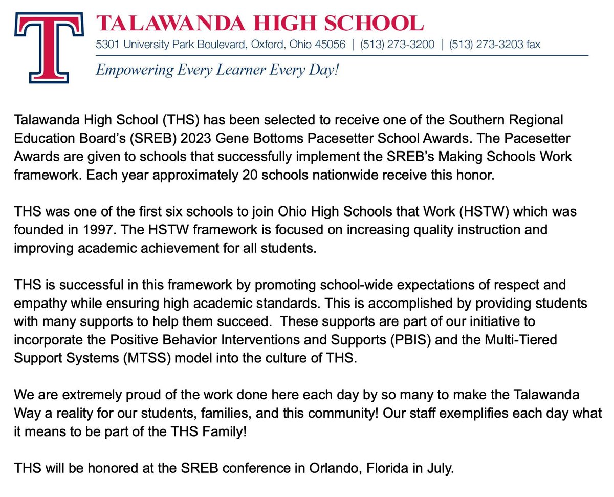 TalawandaHS's tweet photo. We've been selected as a @srebeducation Gene Bottoms Pacesetter School! THS promotes school-wide respect & empathy while sustaining high academic standards! We're incredibly proud of the work done to make "The Talawanda Way" a reality for our students & this community! #THSFamily https://t.co/oaLs59okbF