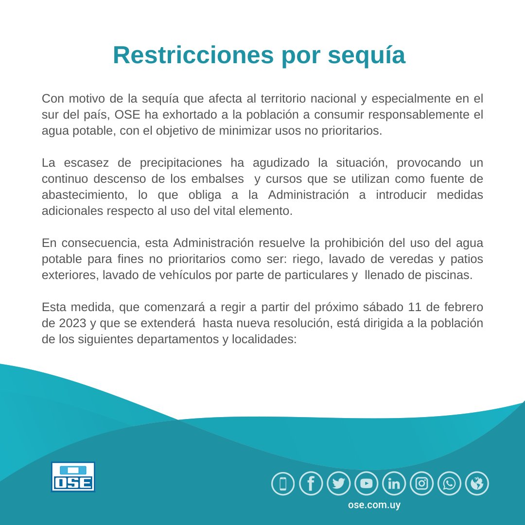 InfoCapitalTV's tweet photo. #MVDNoticias 

OSE prohíbe el uso del agua en patios exteriores, piscinas y lavado de autos por sequía. La medida regirá desde el próximo sábado 11 de febrero. https://t.co/phuciOGjWC