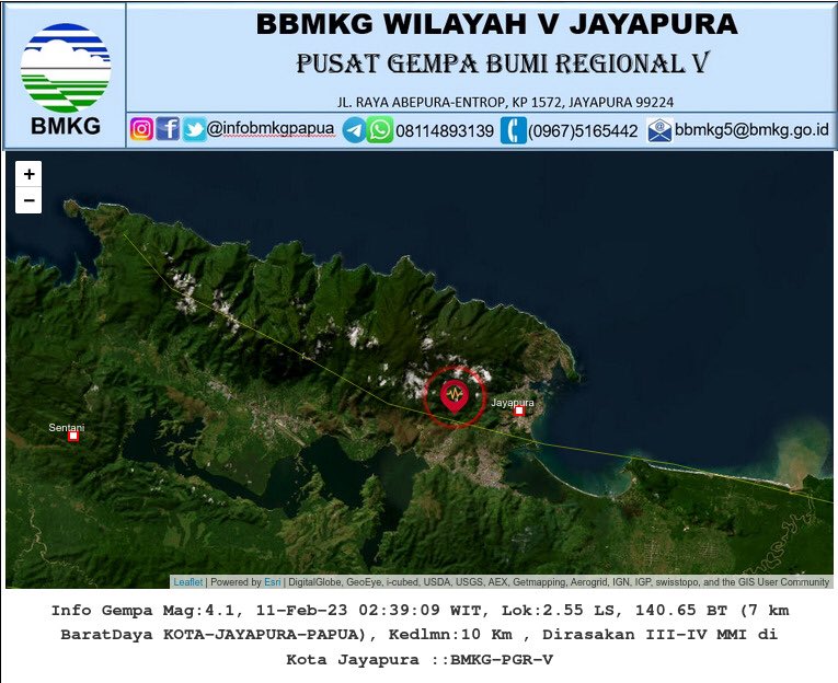 InfoBMKGPapua's tweet photo. Info Gempa Mag:4.1, 11-Feb-23 02:39:09 WIT, Lok:2.55 LS, 140.65 BT (7 km BaratDaya KOTA-JAYAPURA-PAPUA), Kedlmn:10 Km , Dirasakan III-IV MMI di Kota Jayapura ::BMKG-PGR-V https://t.co/5a2ilHRl8m