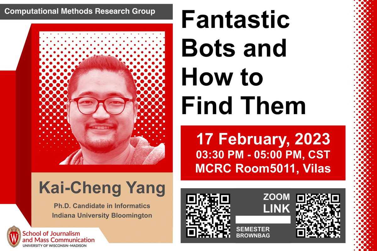 Zening_Duan's tweet image. Join us for #CMRG’s new computational brownbag on Feb 17 3:30-5 pm CST. Our guest speaker Kai-Cheng Yang (@yang3kc), PhD candidate in informatics from Indiana U Bloomington, will share his research on how human perceive social bots and how bots can serve as research instruments.