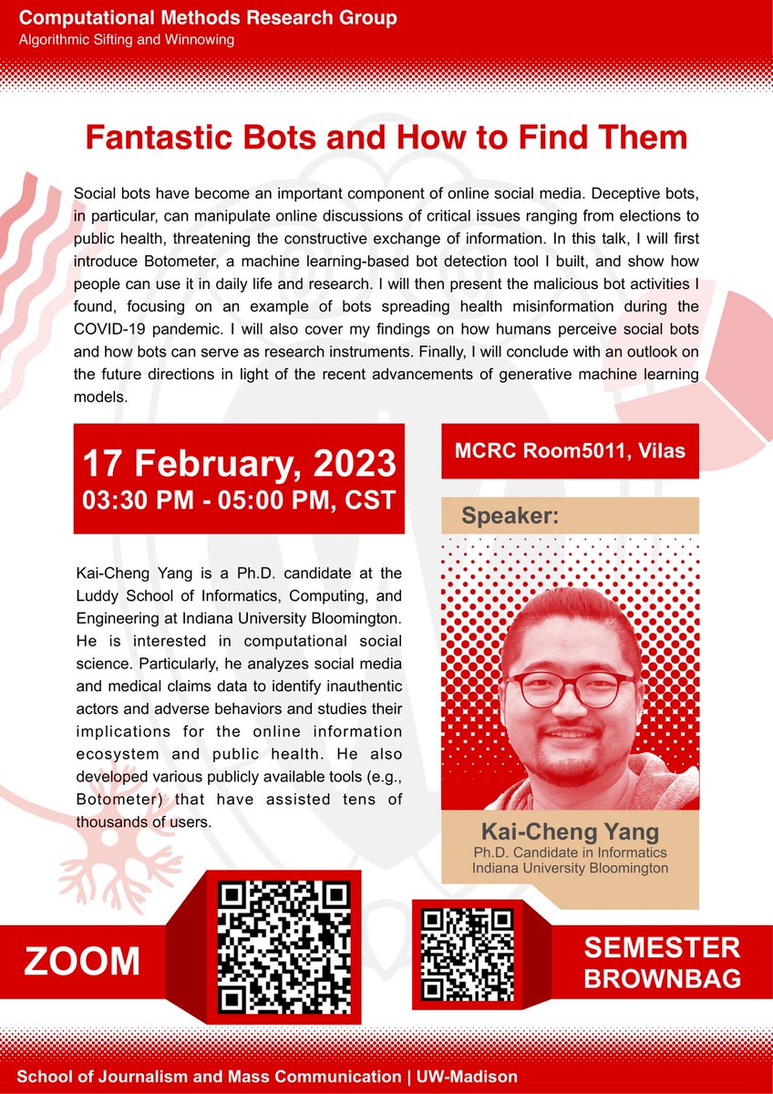 Zening_Duan's tweet image. Join us for #CMRG’s new computational brownbag on Feb 17 3:30-5 pm CST. Our guest speaker Kai-Cheng Yang (@yang3kc), PhD candidate in informatics from Indiana U Bloomington, will share his research on how human perceive social bots and how bots can serve as research instruments.