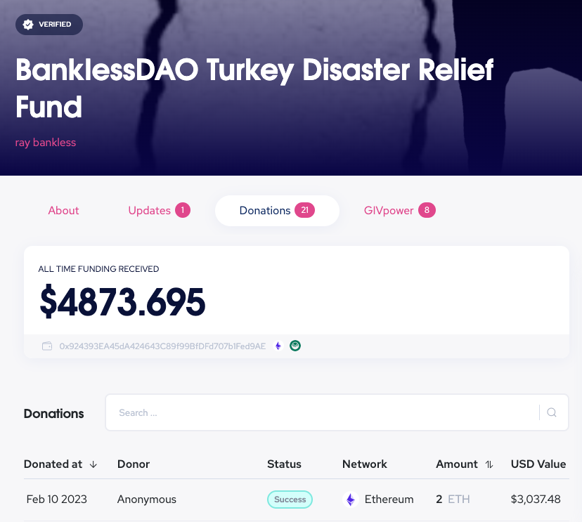 BanklessTr's tweet photo. Just got a 2 ETH donation 🎉, thank you ANON for saving lives! 

@Givethio @banklessDAO @bankless #earthquaketurkey 
https://t.co/5ft4eWlthJ https://t.co/oqvqUwMEMy