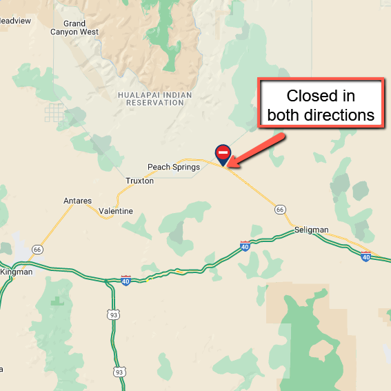 ArizonaDOT's tweet photo. *CLOSURE*
State Route 66 is closed in BOTH directions east of Peach Springs due to a crash at milepost 115.
Expect delays and seek an alternate route.
There is no estimated time to reopen the highway.
#aztraffic #SR66 https://t.co/gTWejjatZV