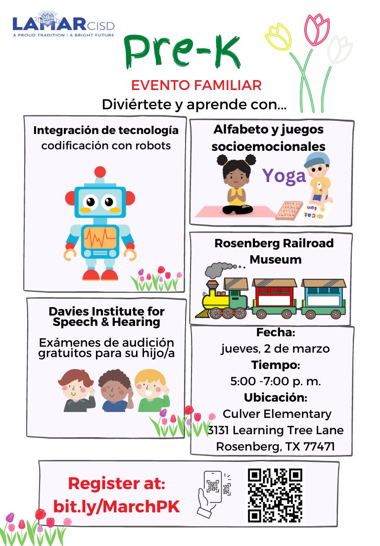 Stacy Perez (@lcisdprek) on Twitter photo Calling all Red Track Pre-K families. Who is ready for an evening filled with giggles with their littles? Register today for the Pre-K family event: bit.ly/MarchPK
<a href="/LamarCISD/">Lamar CISD</a>
@Projectlearn3 Calling all Red Track Pre-K families. Who is ready for an evening filled with giggles with their littles? Register today for the Pre-K family event: bit.ly/MarchPK
<a href="/LamarCISD/">Lamar CISD</a>
@Projectlearn3