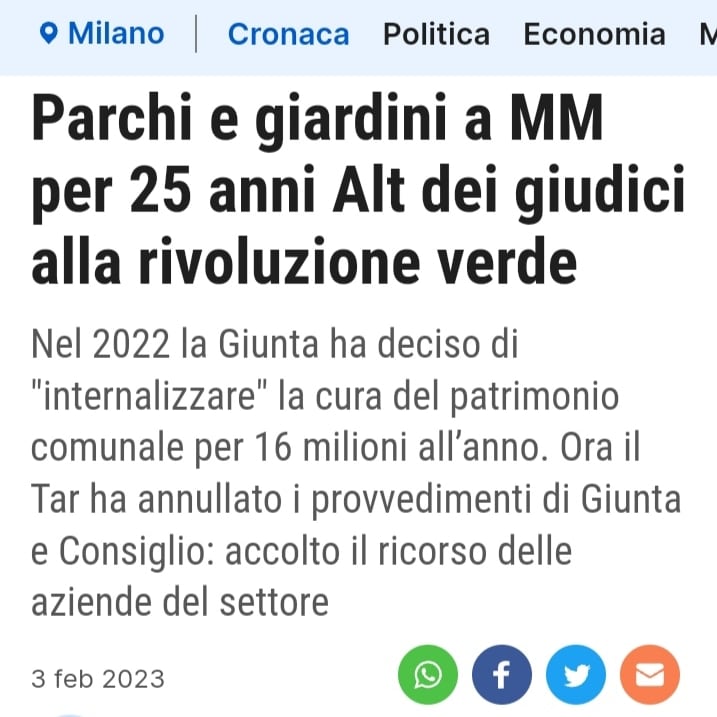 A Milano la rivoluzione verde è rimandata, di nuovo! MM SpA non gestirà il verde milanese: la manutenzione dovrà restare in appalto. Promesse, annunci e delibere susseguitisi dal 2019 erano solo propaganda green. ilgiorno.it/milano/cronaca…