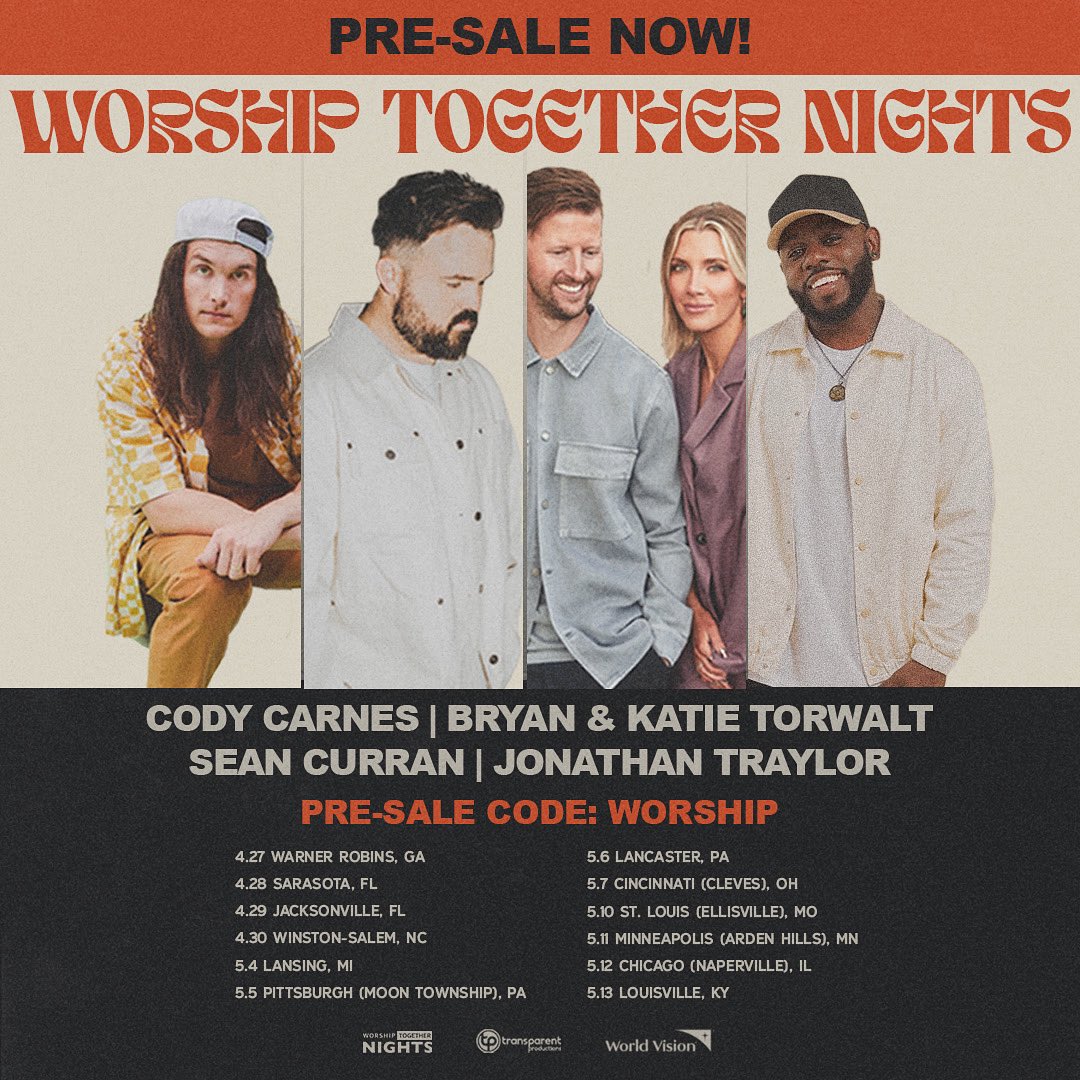 WOOO! So pumped for the Worship Together Nights tour with my friends Bryan & Katie Torwalt, Sean Curran, & Jonathan Traylor! We can’t wait to worship together in your city this spring! The pre-sale is LIVE through Sunday at 10 PM with code: WORSHIP. transparentproductions.com/events-in-tour…