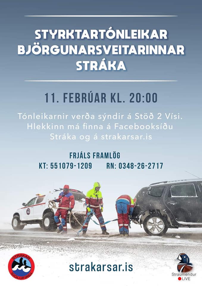 Á morgun er "11-2 dagurinn" og þá verða haldnir styrktartónleikar björgunarsveitarinnar Stráka í Fjallabyggð. Þetta er orðin stærsta einstaka fjáröflun þessarar öflugu björgunarsveitar. Siglfirskir tónlistarmenn í aðalhlutverkum ásamt góðum gestum. Endilega stillið á og styrkið!