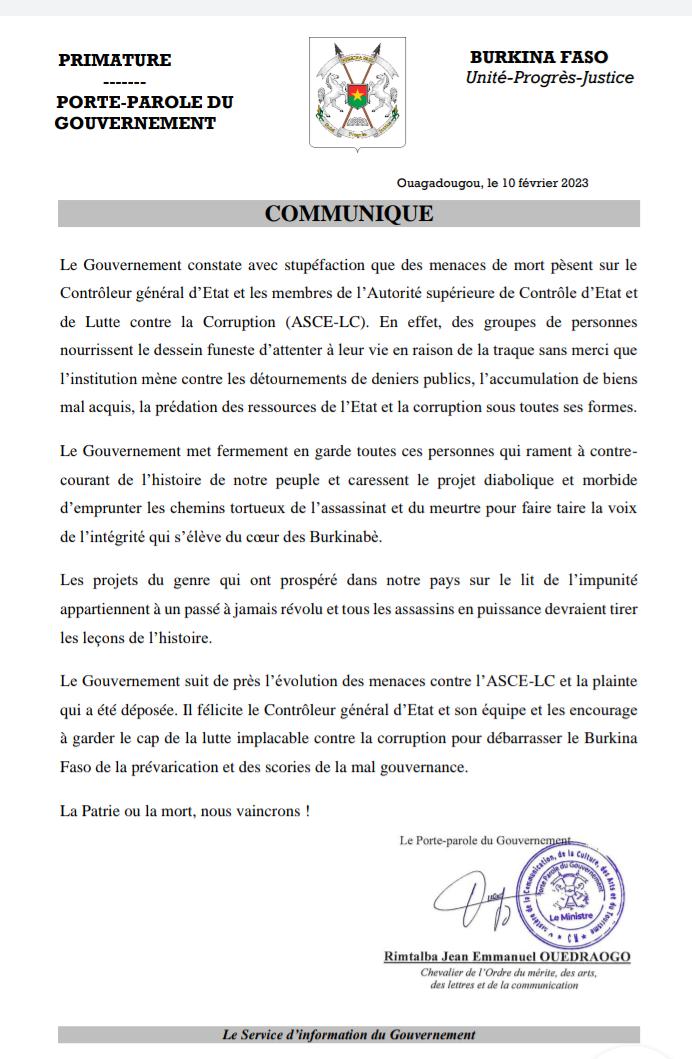sigbf's tweet image. Le Gouvernement constate avec stupéfaction que des #menaces de mort pèsent sur le Contrôleur général d’Etat et les membres de l’Autorité supérieure de Contrôle d’Etat et de Lutte contre la Corruption (#ASCE-LC). 
Lire 👇👇👇
facebook.com/10006471780763…

#Com_Gouv_BF 
#SIGBurkina