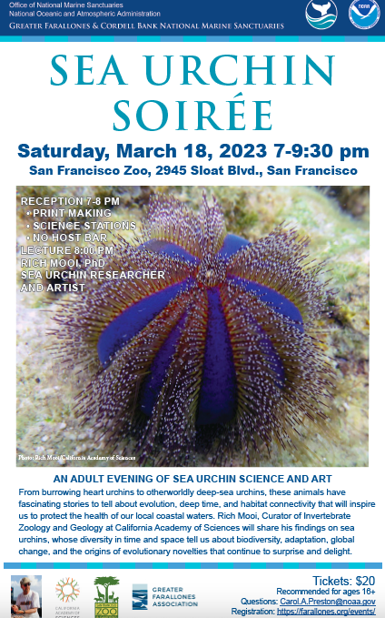 Greater Farallones Association (@farallonesnews) on Twitter photo Join us for an evening of celebrating sea urchins! Sign up now for the Sea Urchin Soirée 3/18 to learn about these amazing creatures! This event is recommended for ages 16+. farallones.org/events/
<a href="/GFCBSanctuaries/">NOAA's Greater Farallones and Cordell Bank NMS</a> <a href="/sanctuaries/">Sanctuaries (NOAA)</a>
#GreaterFarallones #SeaUrchin #ScienceEvent Join us for an evening of celebrating sea urchins! Sign up now for the Sea Urchin Soirée 3/18 to learn about these amazing creatures! This event is recommended for ages 16+. farallones.org/events/
<a href="/GFCBSanctuaries/">NOAA's Greater Farallones and Cordell Bank NMS</a> <a href="/sanctuaries/">Sanctuaries (NOAA)</a>
#GreaterFarallones #SeaUrchin #ScienceEvent