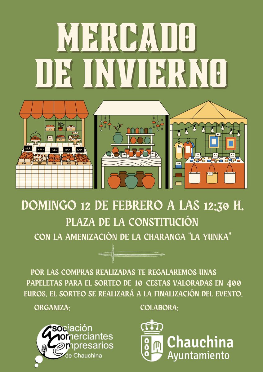 🏪 MERCADILLO DE INVIERNO 🏪
📌 Plaza de la Constitución 📌
📅 Domingo 12 de febrero 📅
🕔 12:30 h 🕔
🥁 Amenizará la Charanga La Yunka 🥁
🧺 Por la compras realizadas te regalaremos unas papeletas para el sorteo de 10 cestas valoradas en 400 euros🧺