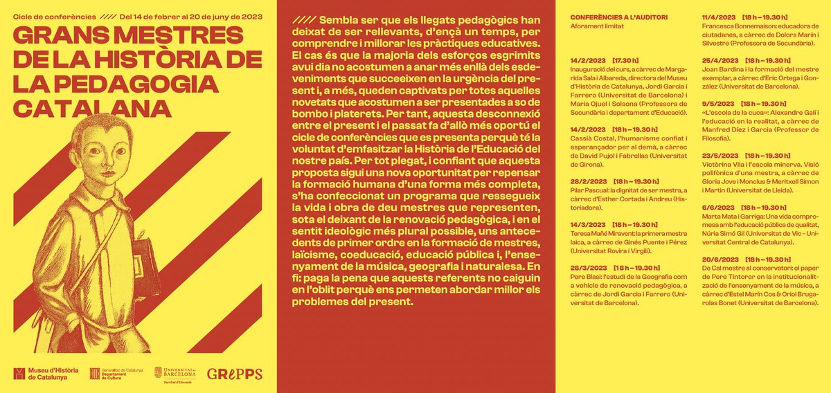 SCP_IEC's tweet photo. 📢Cicle de conferències "GRANS MESTRES DE LA HISTÒRIA DE LA PEDAGOGIA CATALANA"

📆Del 14 de febrer al 20 de juny de 2023 

ℹ️Inscripció gratuïta (i limitada!)

📑Formulari: https://t.co/lDTBlRDE4k

@govern @UniBarcelona @mhistoriacat https://t.co/xzPceTBeeg
