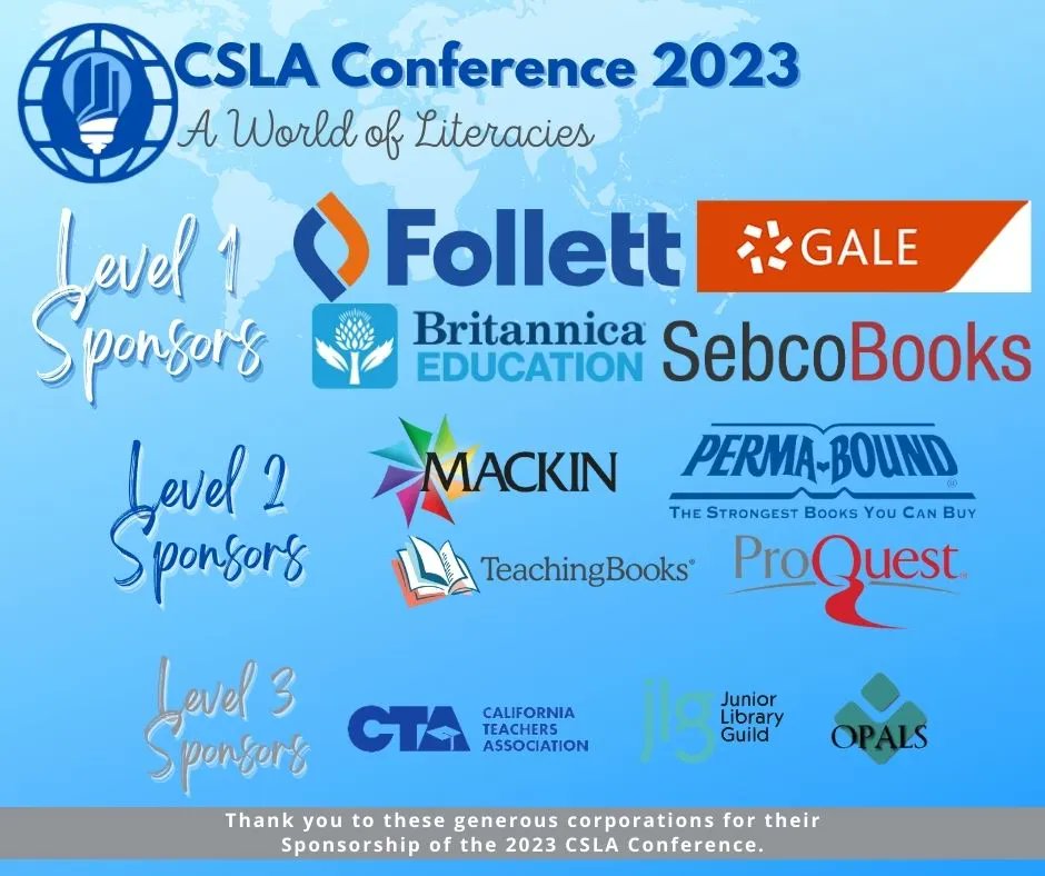 4csla's tweet image. The #CSLAConference is thankful for the generous support of our sponsors. 
Register today for the conference, March 1-4 at Asilomar in Pacific Grove. 
buff.ly/3LpPLBt
#4csla #BetterTogether #ProfDev #SchoolLibraries #CaliforniaLibraries #librarytwitter