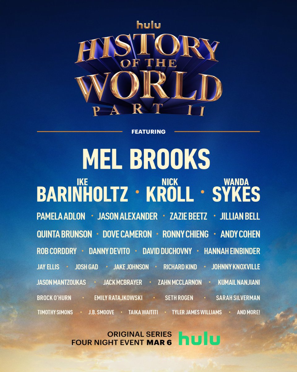 hotwonhulu's tweet photo. It's a cast so colossal, we couldn't fit them all on one poster. Don't miss #HistoryoftheWorldPart2, a four night event, streaming March 6 on @hulu. https://t.co/EhT3Xlyk3X