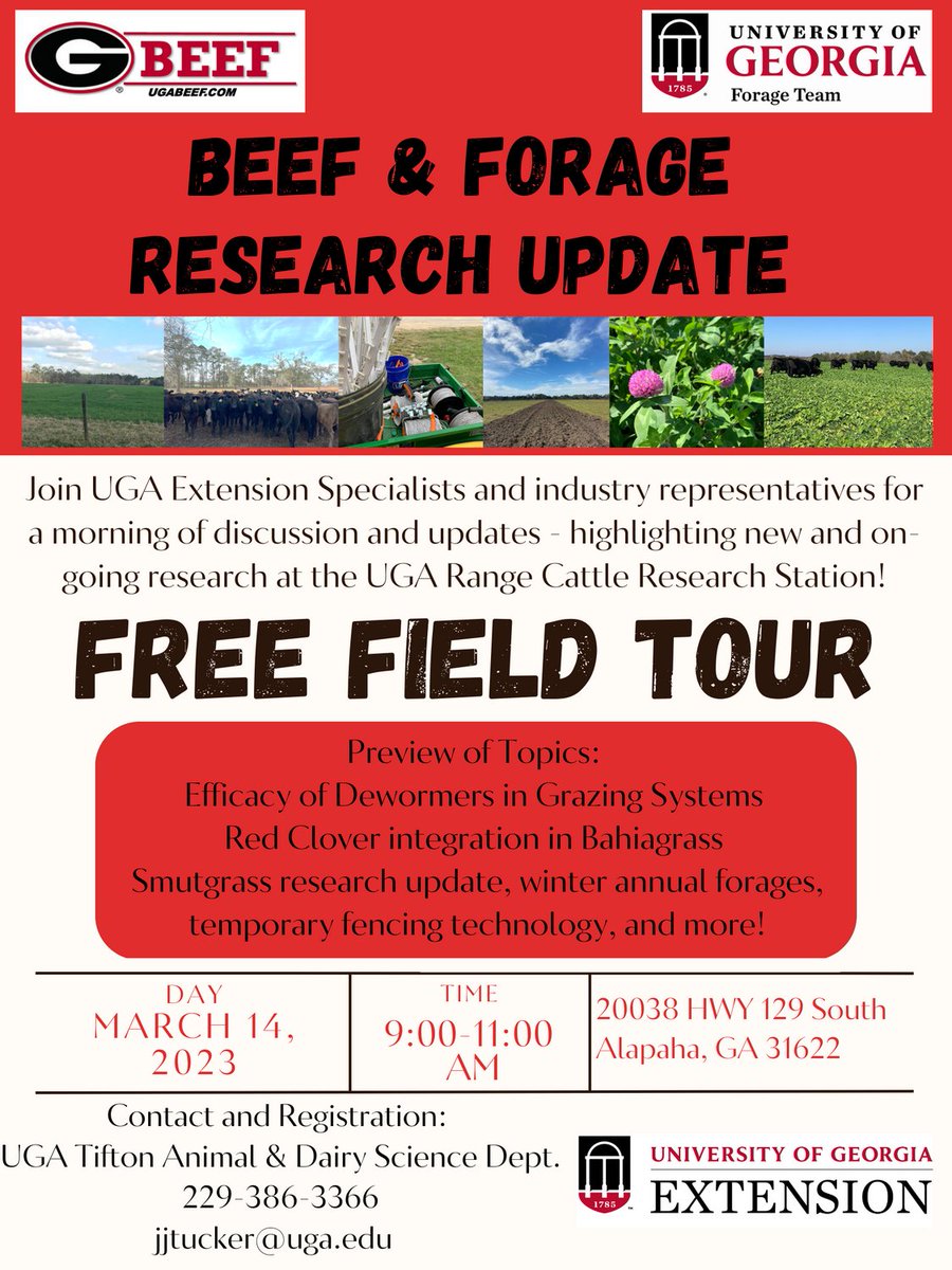 DrJJTuga's tweet photo. SAVE THE DATE AND REGISTER TODAY for the 2023 Beef and Forage Research Update Free Field Tour at the UGA Range Cattle Research Station in Alapaha, GA!  
#UGAExtension #UGACollegOfAg #UGABeef #GaForages #BetterGrazingProgram #LegoForageSpecialist https://t.co/wlKFMLmtb1