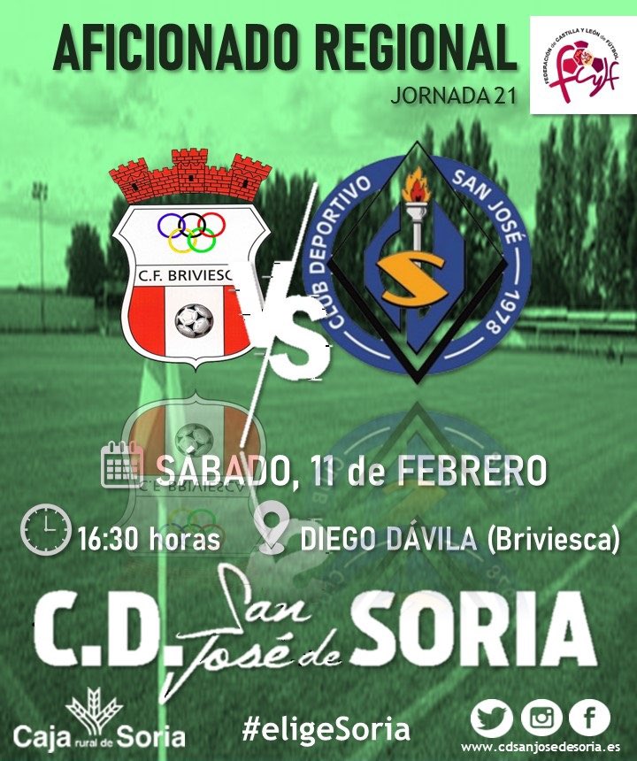 cdsanjosesoria's tweet photo. REGIONAL | 🗣 LA PREVIA
📌 JORNADA 21
⚽️ @cfbriviesca
📅 Sábado 11 de Febrero
⏰ 16:30 horas
🏟 C.M. Diego Dávila Álvarez
📍#Briviesca
📲 #Twitter y #Facebook
#VamosSanJosé | #BriviescaSanJosé |
#LaPasiónQueNosUne | #SJMatch https://t.co/IaB3c9Dqnt
