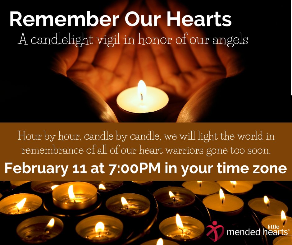 Join us tomorrow, Feb. 11 for the #RememberOurHearts candlelight vigil at 7 p.m. (in your time zone). This is a virtual event hosted across our social platforms, and we encourage you to join us and help spread the light in honor of our #HeartWarriors. 

#MLH #1in110