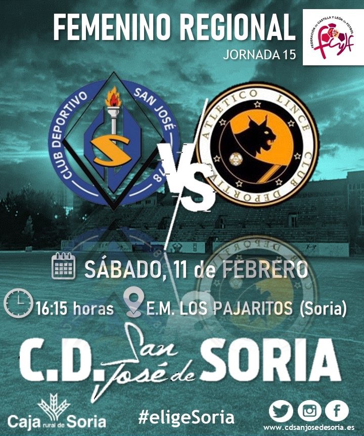 cdsanjosesoria's tweet photo. FEMENINO | 🗣 LA PREVIA
📌 JORNADA 15
⚽️ @AtleticoLaguna
📅 Sábado 11 de Febrero
⏰ 16:15 horas
🏟 E.M. Los Pajaritos
📍#eligeSoria
📲 #Twitter y #Facebook
#VamosSanJosé | #SanJoséLince |
#LaPasiónQueNosUne | #SJMatch https://t.co/X2IvrJ7htb