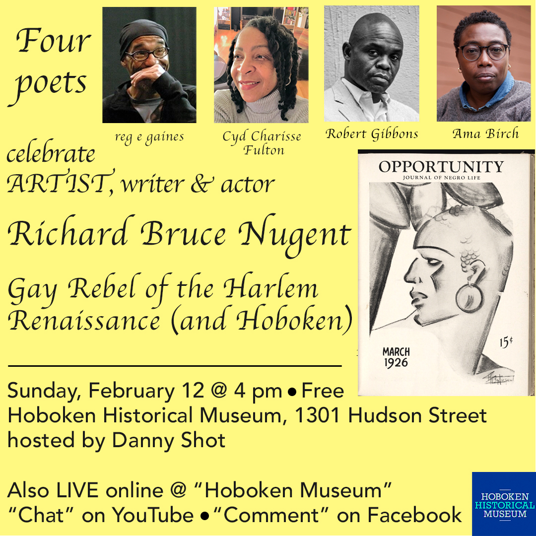 Join us on Sunday, February 12th at 4pm as four award-winning poets gather to celebrate the life and art of Richard Bruce Nugent. Admission is free, and refreshments will be served. For more information, ow.ly/Vo9850MHLf1 <a href="/pradapoet/">Poets Wear Prada</a>
<a href="/robertgibbons54/">Robert Anthony Gibbons</a> <a href="/amabirch/">The Poet is Here</a> #hobokenart