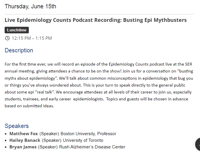 Exciting news for @societyforepi attendees and #EpiCounts listeners! We are hosting the first LIVE PODCAST recording at #SER2023! Now is YOUR chance to get on the pod and bust some myths about epidemiology! Come join me and my compadres @ProfMattFox & @haileybanack (link below)