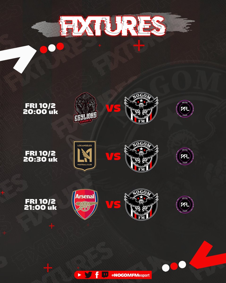 🏆@pro_fifaleague  Match Day (week5)

🆚EGY LIONS
⏳20:00 UK

🆚LOS ANGELES FC
⏳20:30 UK

🆚ARSENAL FC
⏳21:00 UK

🖌️~ <a href="/PhantomDesign21/">Phantom Designs</a>

#GGFM I #fifa23 I #proclubsfifa