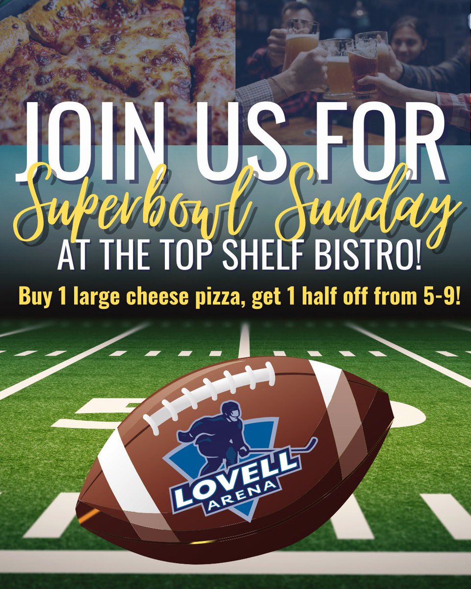 Top Shelf Bistro at Lovell Arena will be hosting a Super Bowl party starting at 4:30pm this Sunday 🏈🎉 

Please join us for some football, great food, and fun!! Golf simulators ⛳️ and bowling lanes 🎳 are open to book. See you there!!