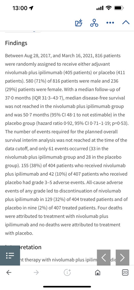 Checkmate-914 (adjuvant nivo/ipi) vs placebo in high-risk Kidney Cancer is out in the @TheLancet: the study is negative with no DFS/OS advantage. 33% disc. for toxicity could be the main culprit. Thank you for all the patients/families who believe in thelancet.com/journals/lance…