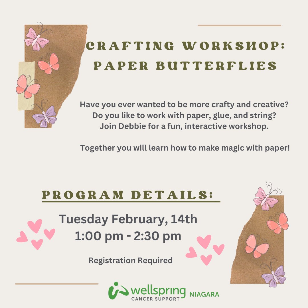 Spend Valentines Day with Wellspring! Join Debbie for a crafting workshop in the Expressive Arts room. 
Details below: 
Click here to register: conta.cc/40YRV2v