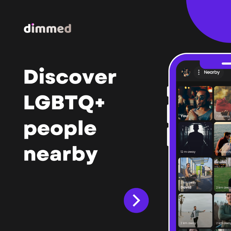 DimmedApp's tweet photo. Find fun and excitement with Dimmed, the ultimate LGBTQ+ app. Browse nearby users in a visually appealing grid, chat privately, and share your experiences with the community. All features are 100% free. Download now and start your journey.