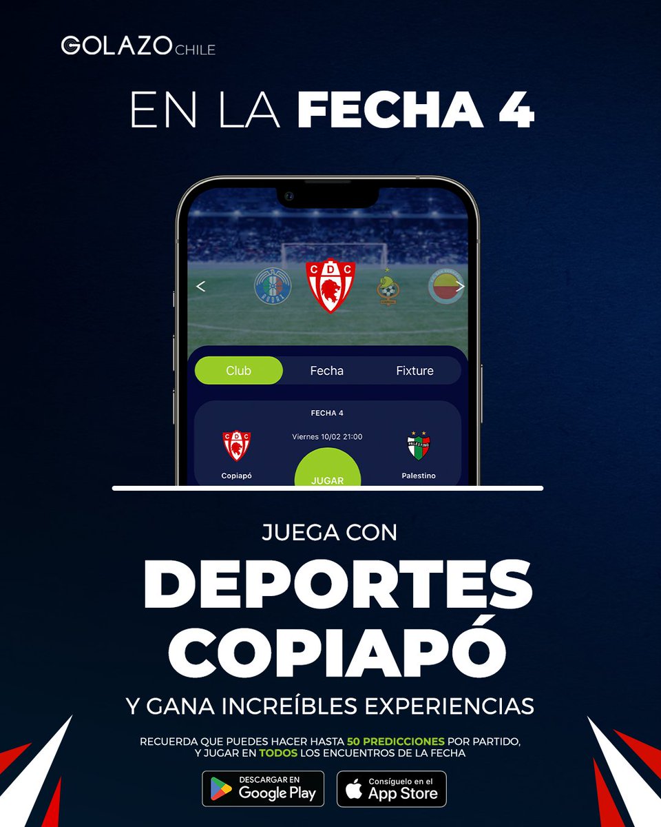 Descarga @app_golazo, primer juego de predicciones GRATUITO del fútbol chileno. ➡️Predice resultados, goleadores y minutos de gol en el partido de hoy vs @palestino ➡️Gana experiencias semanales del León de Atacama. Copiapó ya está en Golazo Chile, y tú? golazochile.page.link/qr