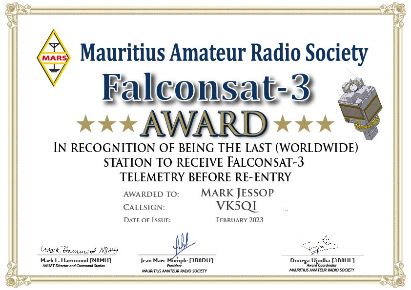 Congratulations to Mark VK5QI as winner of the MARS F3 Award. See attached PIC. 73  Jean Marc