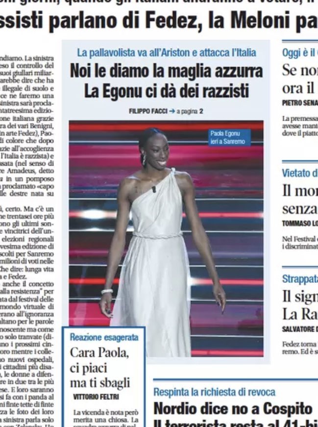 La maglia azzurra l'ha conquista per quella grande campionessa che è... Non gliela abbiamo data. Perché è nata a Cittadella ed è italiana.
Un titolo del genere spiega molto meglio delle parole della #Egonu che un problema di razzismo in Italia c'è. Purtroppo. #Sanreno2023