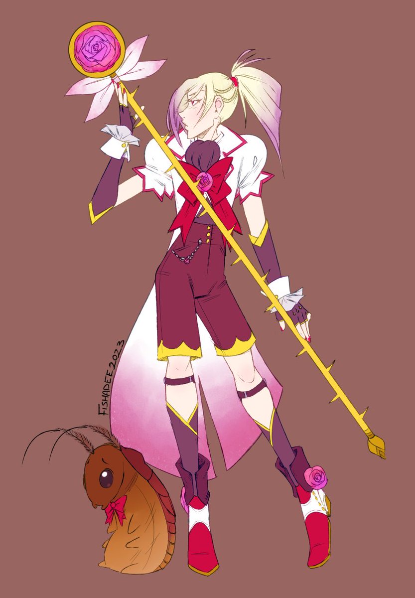 glitchgoats's tweet photo. the bf (@fishadee) not only indulged my request to draw a magical boy Darling, he also indulged my "can he have a familiar that's basically a pretty cure fairy but instead of like a puppy or w/e it's a huge cockroach. please don't ask why". i'm surrounded by enablers https://t.co/f2Mi2NNaiZ