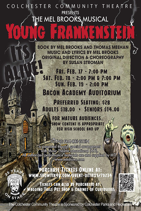 Young Frankenstein at Colchester Community TheatreColchester Community Theatre proudly presents Young Frankenstein through special arrangements with Music Theatre International. 
#CTCallboard

connecticutcallboard.com/young-frankens…