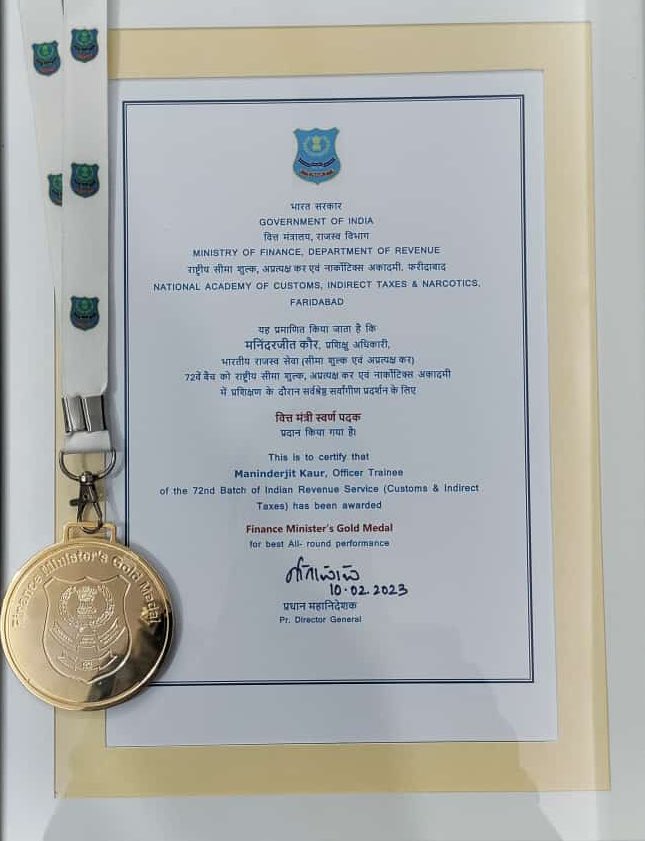ojasvialankar's tweet photo. Heartiest congratulations to @Maninder_K_Gill on being awarded Finance Minister’s Gold medal for best all-round performance in 72nd batch of IRS(C&amp;IT). @cbic_india 
@FinMinIndia 

So well deserved ✨! Up and Up! 💫 https://t.co/xhVWqBKCuU