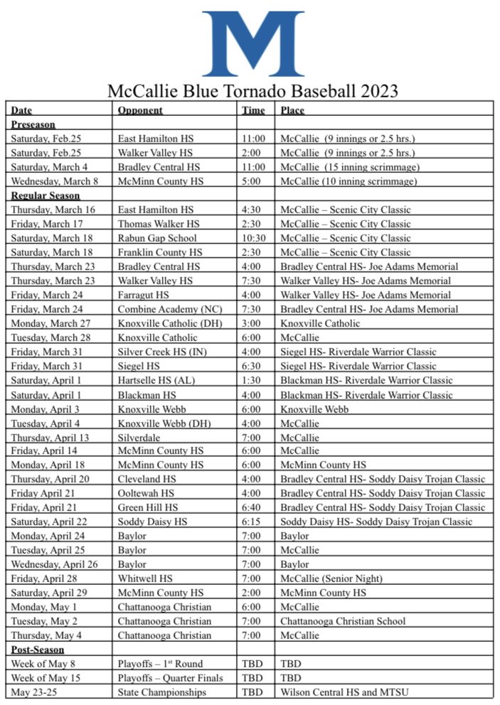 Check out the 2023 Blue Tornado Baseball Schedule! It should be an exciting year of baseball at the newly renovated Kenny Sholl Stadium. Mark your calendars!