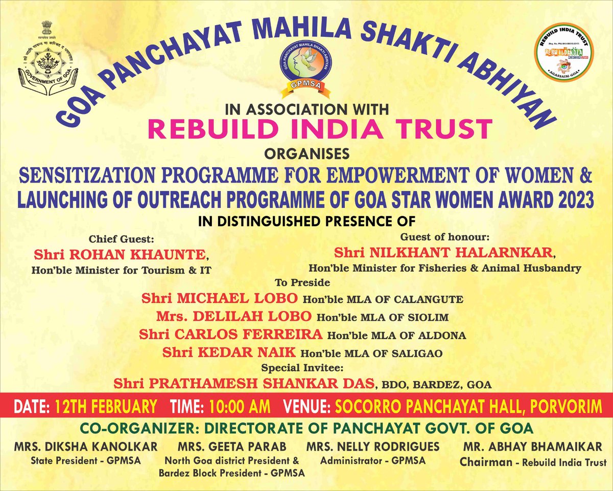 Goa403709India's tweet image. #GoaMahilaShaktiAbhiyan & #RebuildIndiaTrust organising a #SensitizationProgram for #EmpowermentOfWomen &launching #OutreachProgram of #GoaStarWomanAward2023 at VP Hall,Succoro,Bardez-Goa on 12 Feb.2023.Women-centric programs 2b held in all 12 Talukas of both Districts in #Goa.
