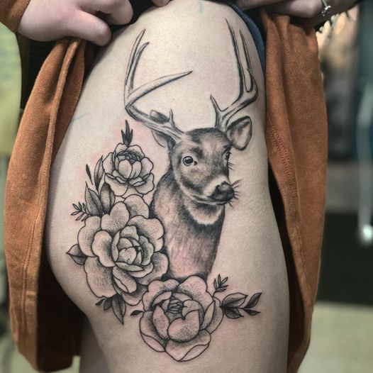 BeneathTattoo's tweet photo. Olivia got to do this one last night - a super duper pretty greywash deer with some pepper shading flowers!! If you want to schedule with Olivia, DM her on Olive or text her work number at 
#484-310-8745✨✨
🌿
🦋
#deer #deertattoo #naturetattoo #tattoo https://t.co/E7FYiPCaWP