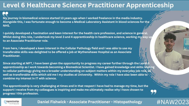 MFT_CSS's tweet photo. Daniel from our Laboratory Medicine team has enjoyed several apprenticeships to develop his career in Healthcare Science. 
A great example of how you can progress your career in Clinical &amp; Scientific Services at MFT. #NAW2023 https://t.co/JKeW5jqwsV